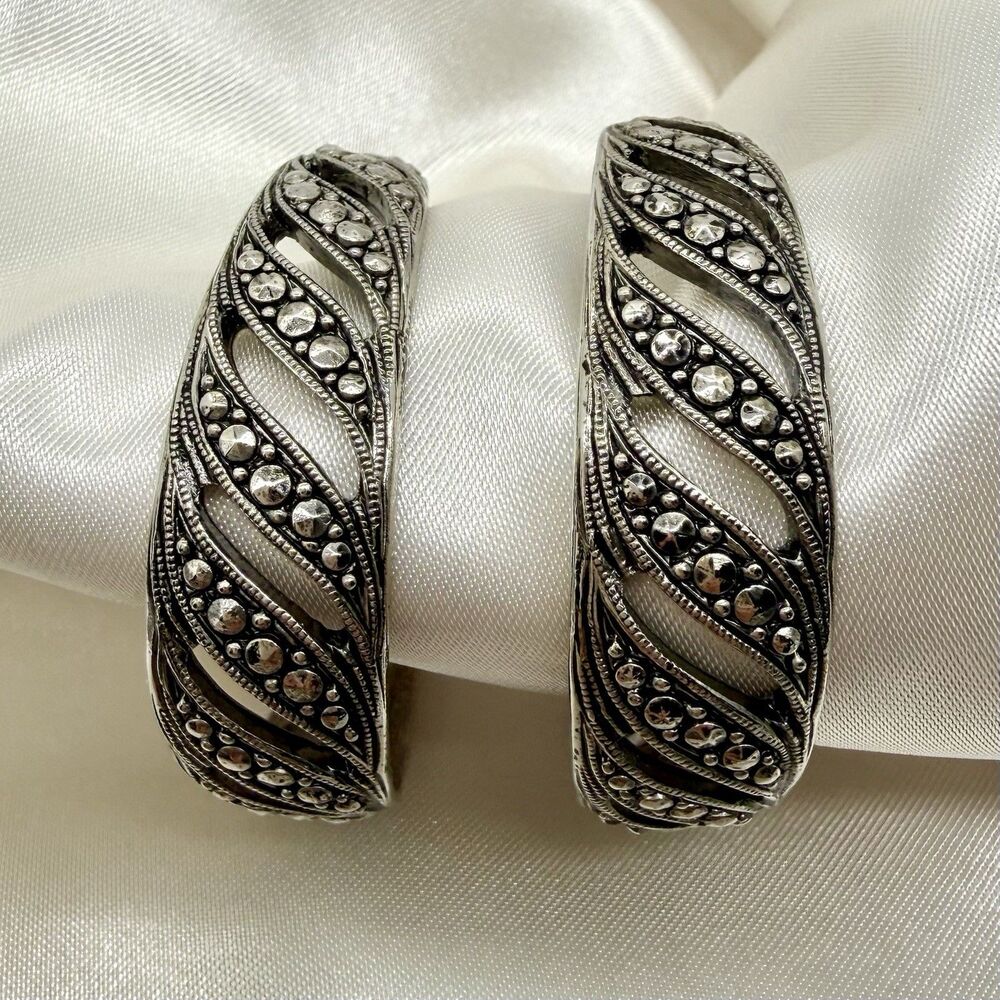 Vintage AVON Silver Tone Chunky Half Hoop Post Earrings Wide Faux Marcasite Look